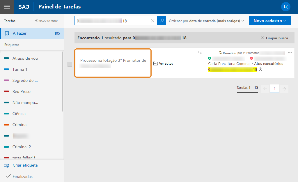 Painel de Tarefas do SAJ exibindo resultado de busca com um processo listado. Destaque em laranja para a mensagem “Processo na lotação 3ª Promotor de...”.