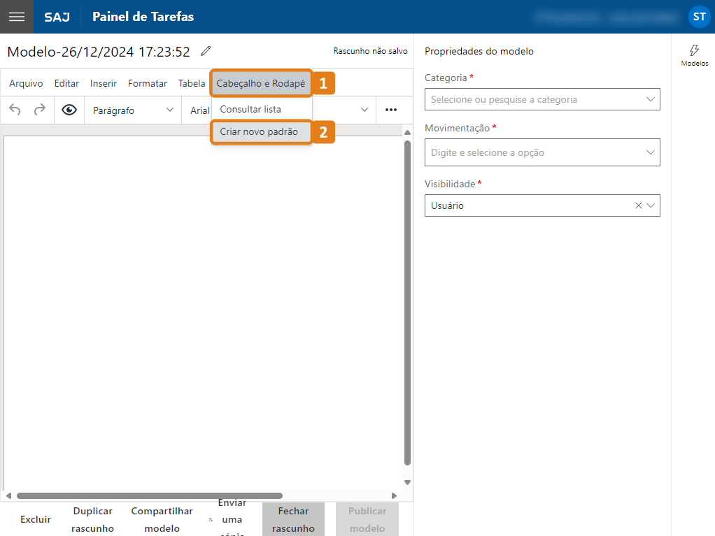Gestão de modelos com destaques no menu Cabeçalho e Rodapé e submenu Criar novo padrão