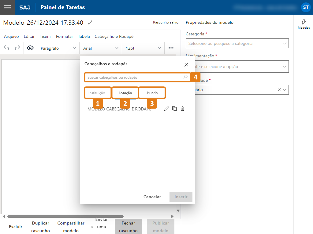 Janela Cabeçalhos e Rodapés com destaques nas abas Instituição, Lotação e Usuário e campo de busca