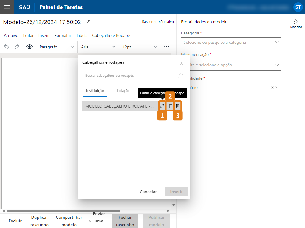 Janela Cabeçalhos e Rodapés com destaques nos bottões de Editar, Duplicar e Excluir