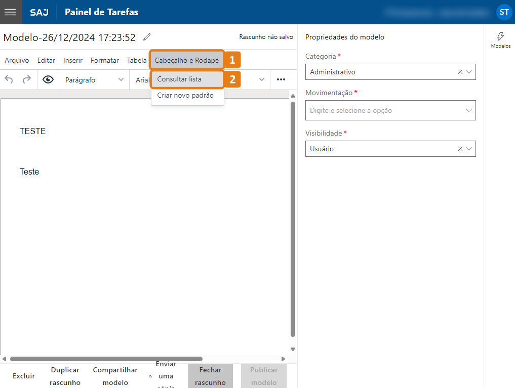 Gestão de modelos com destaques no menu Cabeçalho e Rodapé e submenu Criar novo padrão