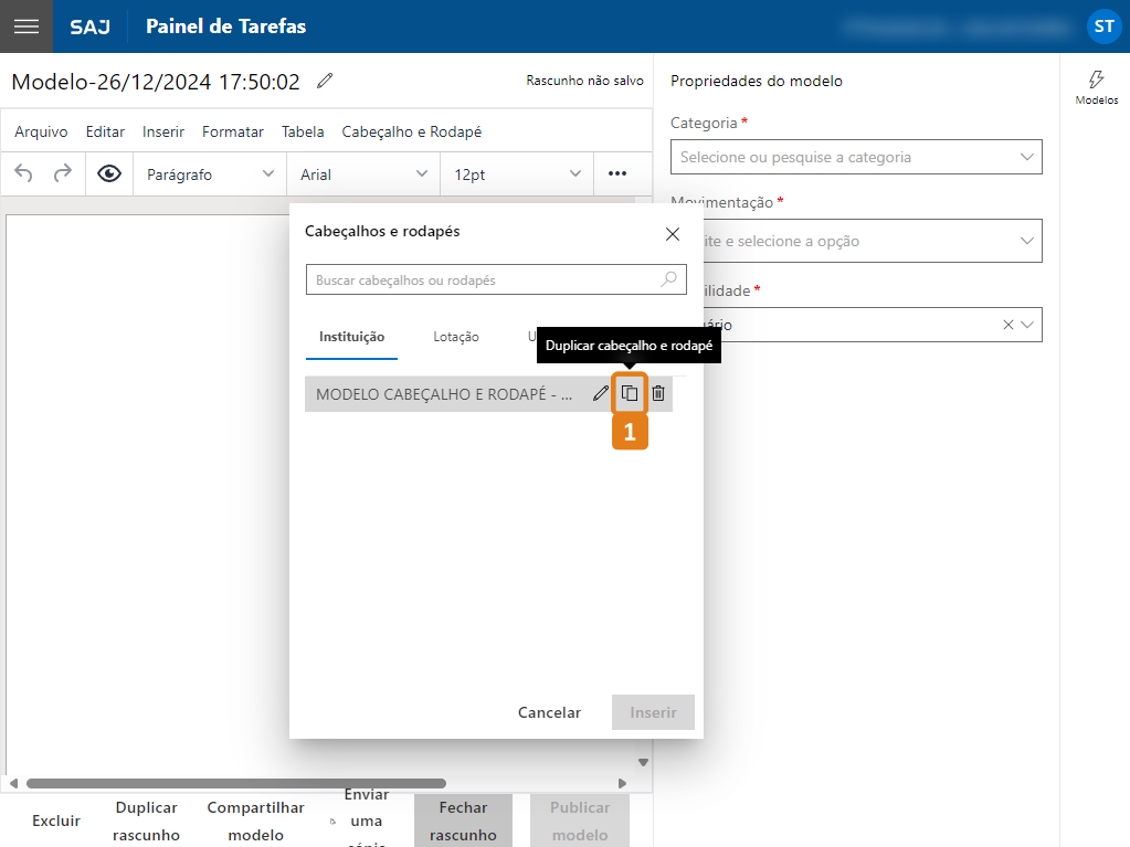 Janela Cabeçalhos e Rodapés com destaque no botão Duplicar