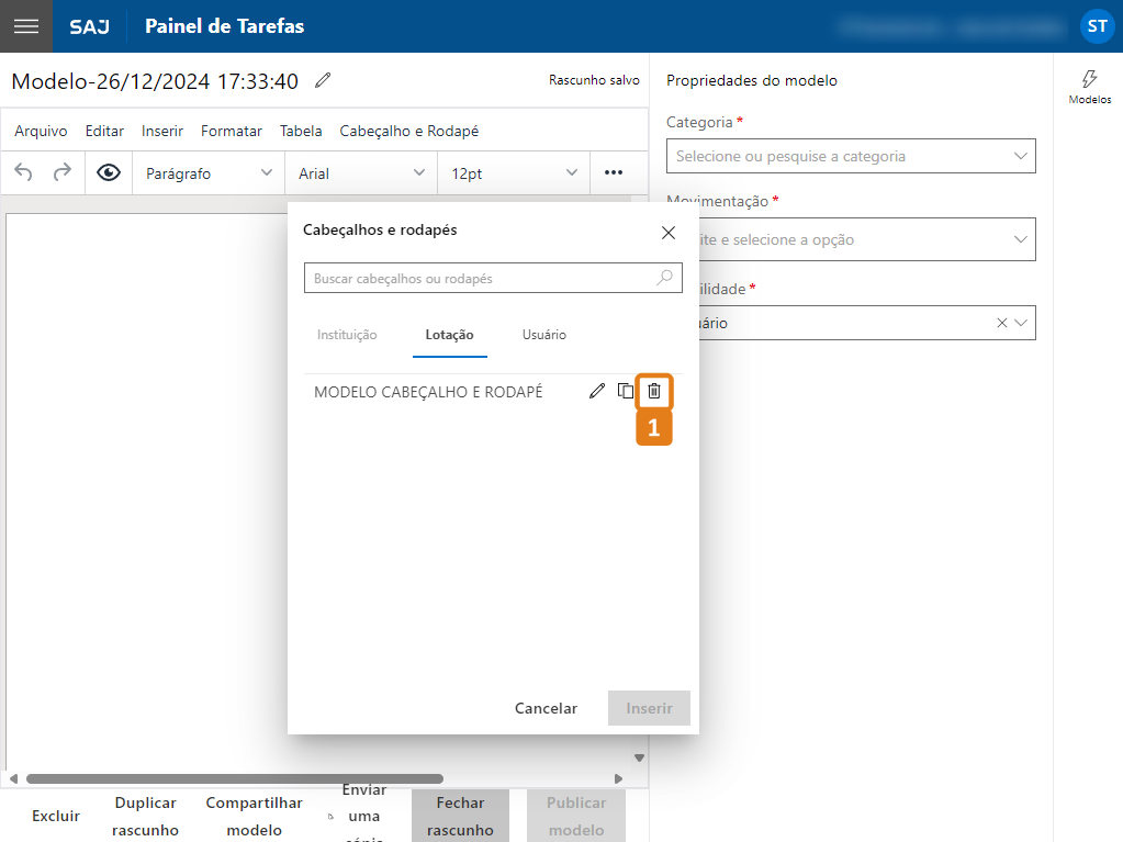 Janela Cabeçalhos e Rodapés com destaque no botão Excluir