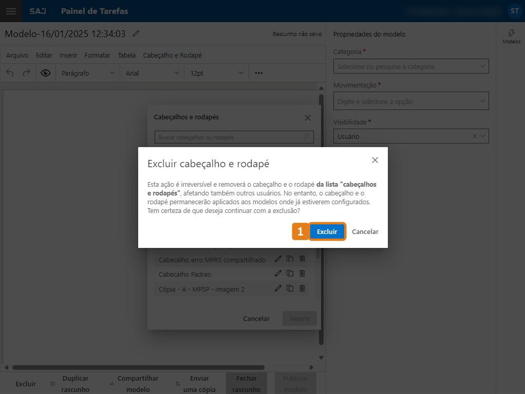 Janela de confirmação de exclusão com destaque no botão Excluir