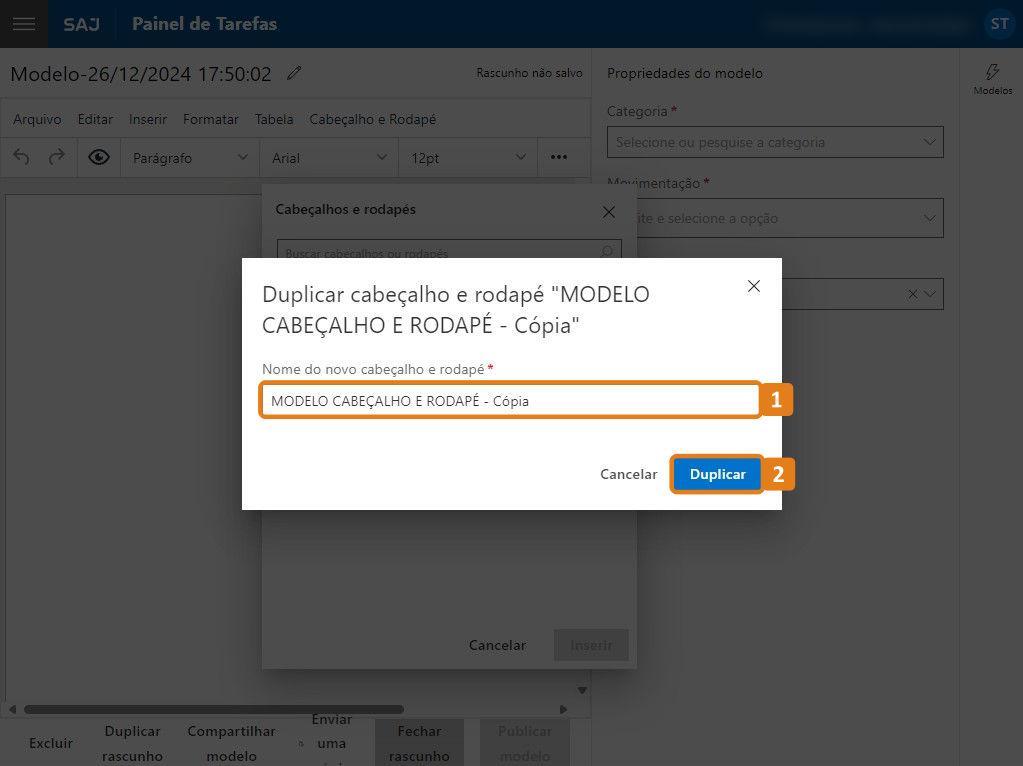 Janela de confirmação de duplicação com destaques no título e no botão Duplicar