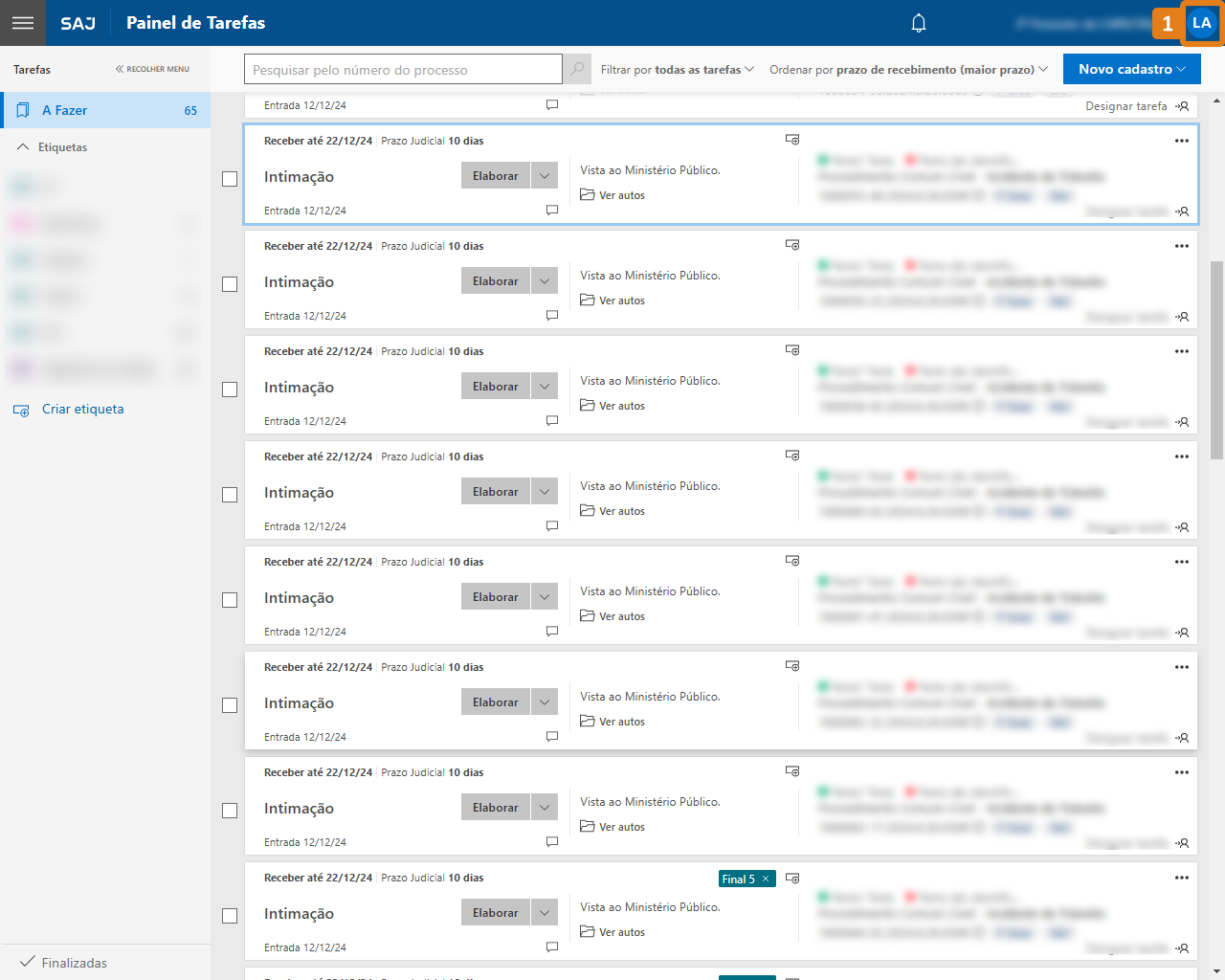 Painel de Tarefas com destaque no perfil de usuário