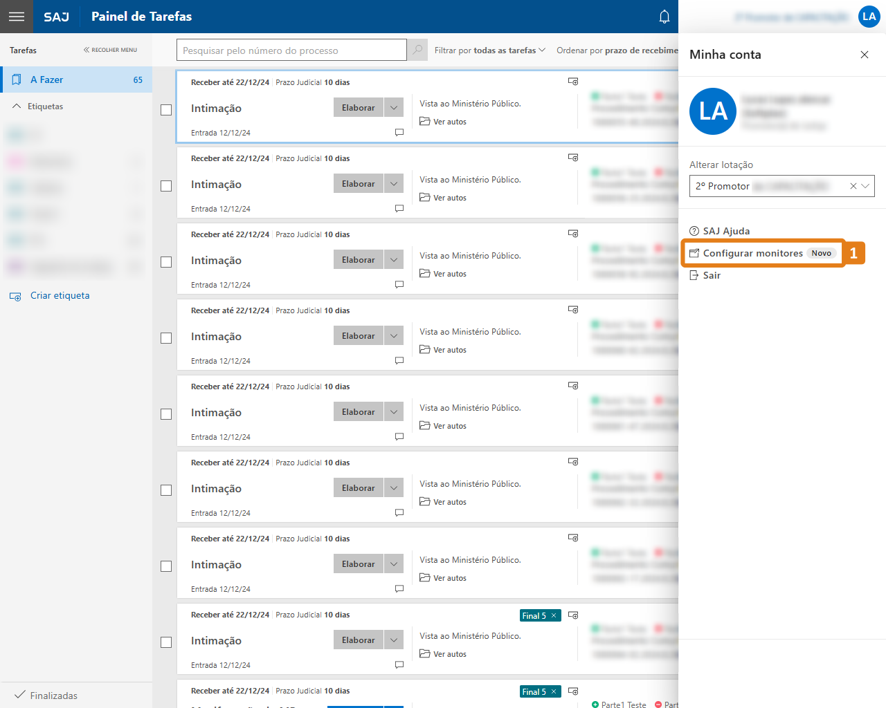 Aba Minha conta com destaque no botão Configurar monitores