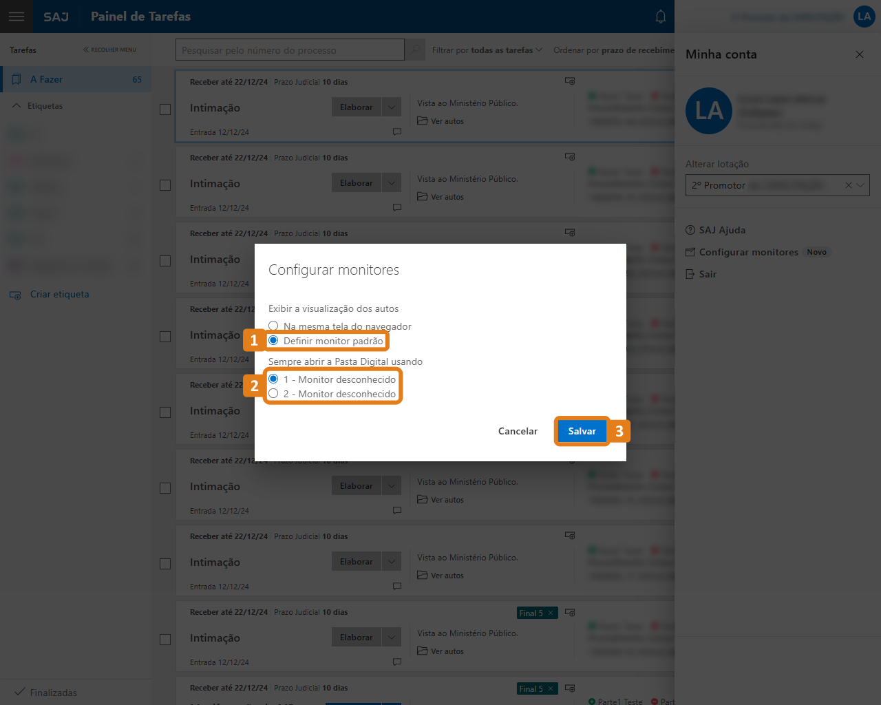 Tela Configurar monnitores com destaques na opção Definir monitor padrão, a seleção de monitores e botão Salvar