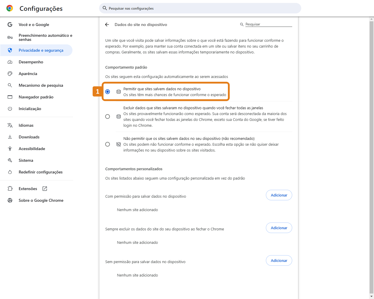 Configurações do navegador com destaque na opção Permitir que sites salvem dados no dispositivo