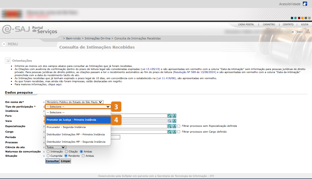 Página Consulta de Intimações Recebidas com destaque no campo Tipo de participação