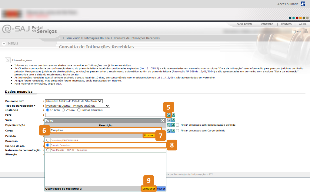 Página Consulta de Intimações Recebidas coms destaque na lupa do campo foro, campo de pesquisa, botão Procurar, foro selecionado e botão Selecionar