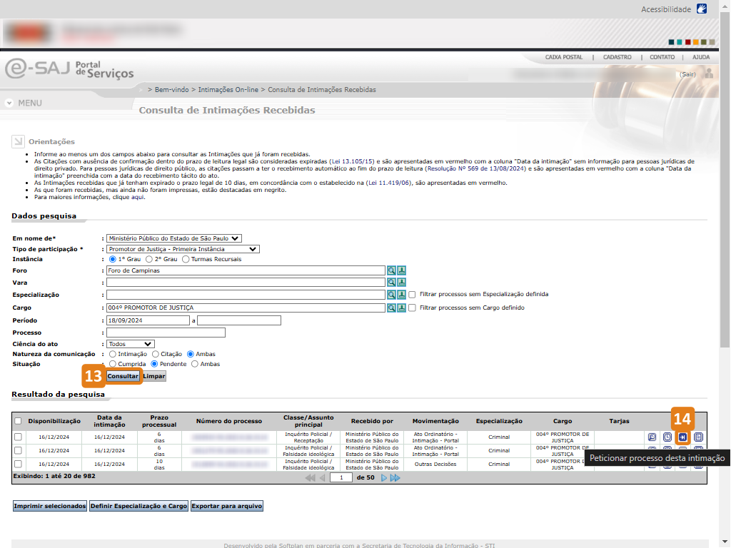 Página Consulta de Intimações Recebidas com destaques no botão Consultar e Peticionar processo desta intimação