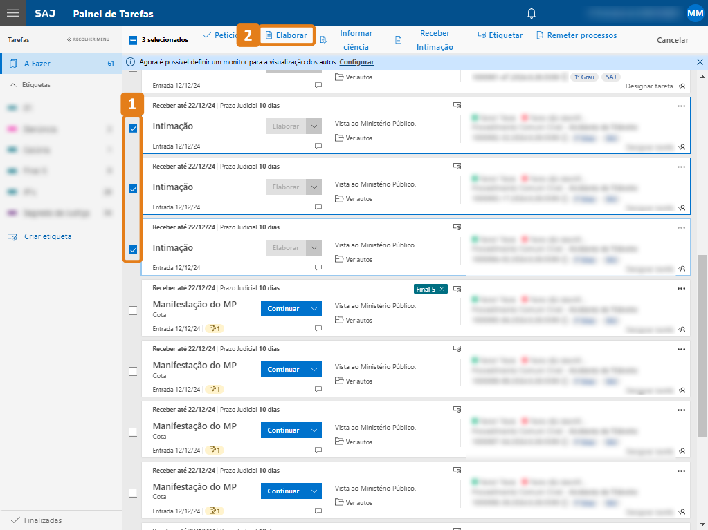 Painel de Tarefas com destaques na seleção de várias tarefas e botão Elaborar