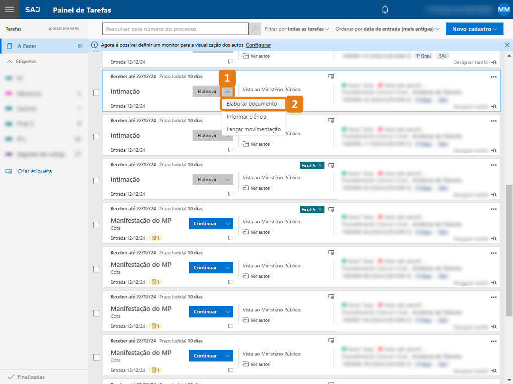 Painel de Tarefas com destaque em Elaborar documento