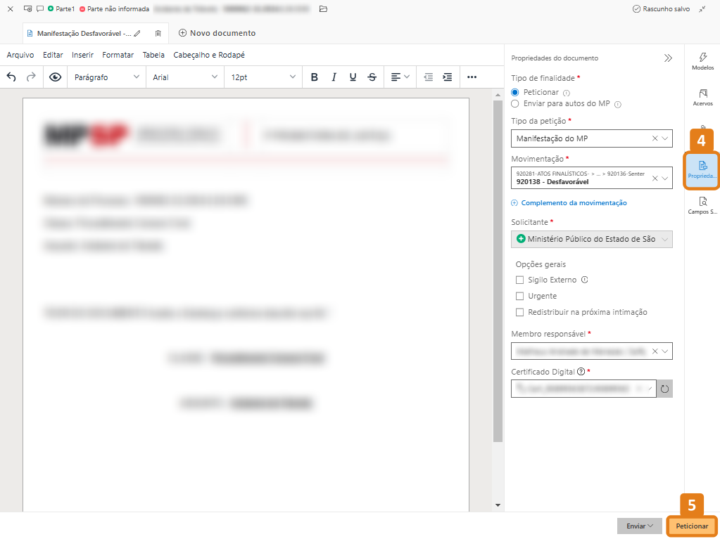 Editor de documentos com destaque no menu Propriedades e botão Peticionar