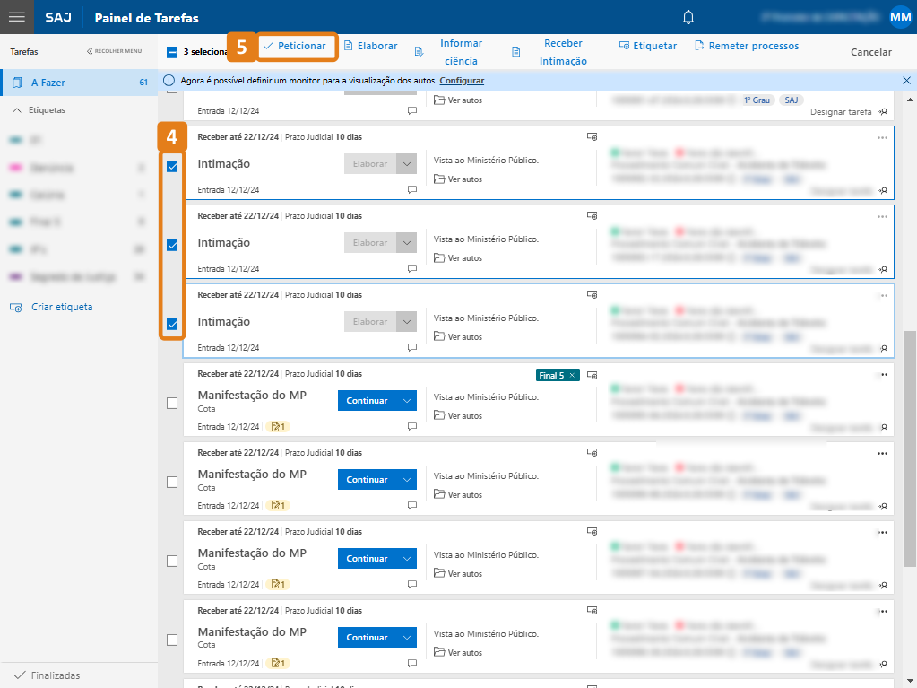 Painel de Tarefas com destaques na seleção de várias tarefas e botão Peticionar