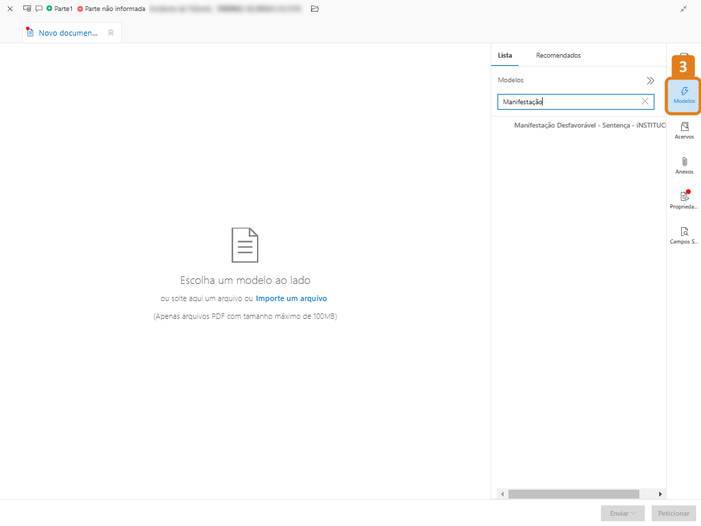 Editor de documentos com destaque no menu Modelos
