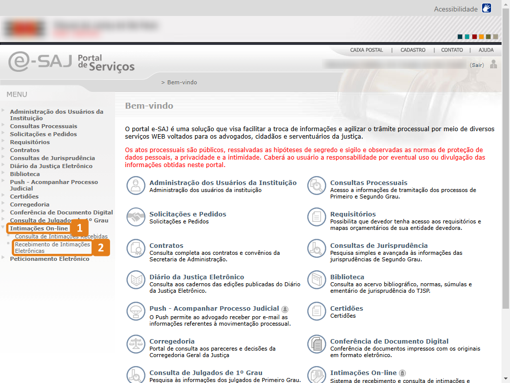 Página innicial do sistema com destaques no menu Intimações On-line, submenu Recebimentos de intimações eletrônicas