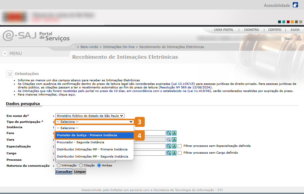 Página Recebimentos de intimações eletrônicas com destaque no campo Tipo de Participação