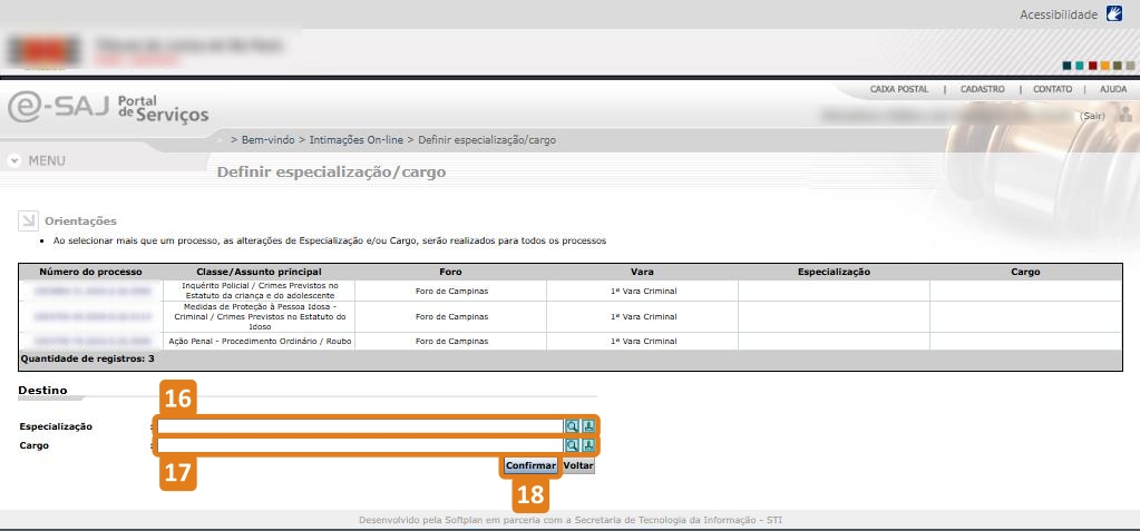 Página Definir especialização/cargo com destaques nos campos de mesmo nome e botão Confirmar