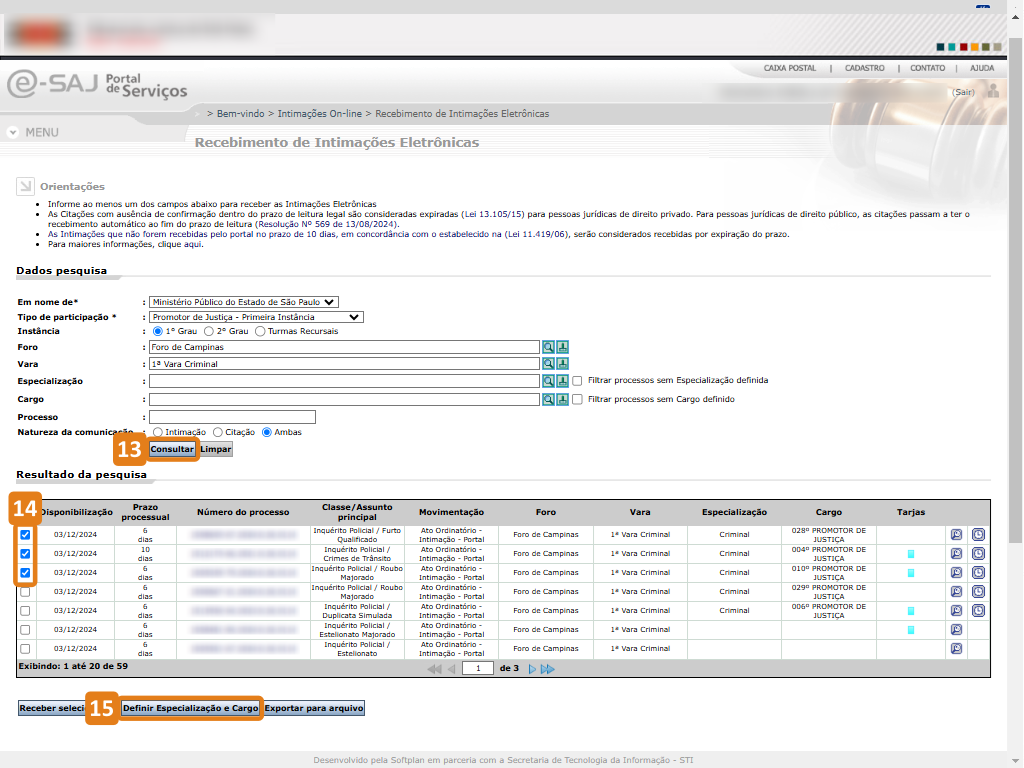 Página Recebimento de Intimações Eletrônicas com destaques no botão Consultar, em processos selecionados e botão Definir Especialização e Cargo
