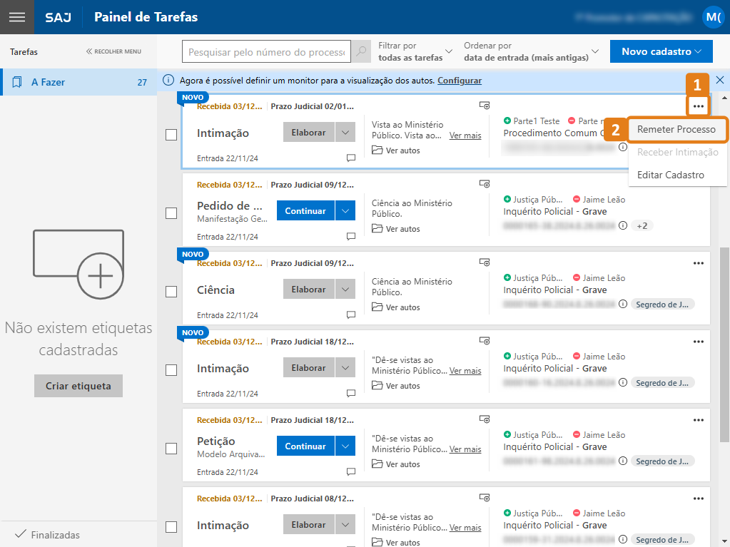 Painel de Tarefas com destaque na opção Remeter Processo de uma tarefa