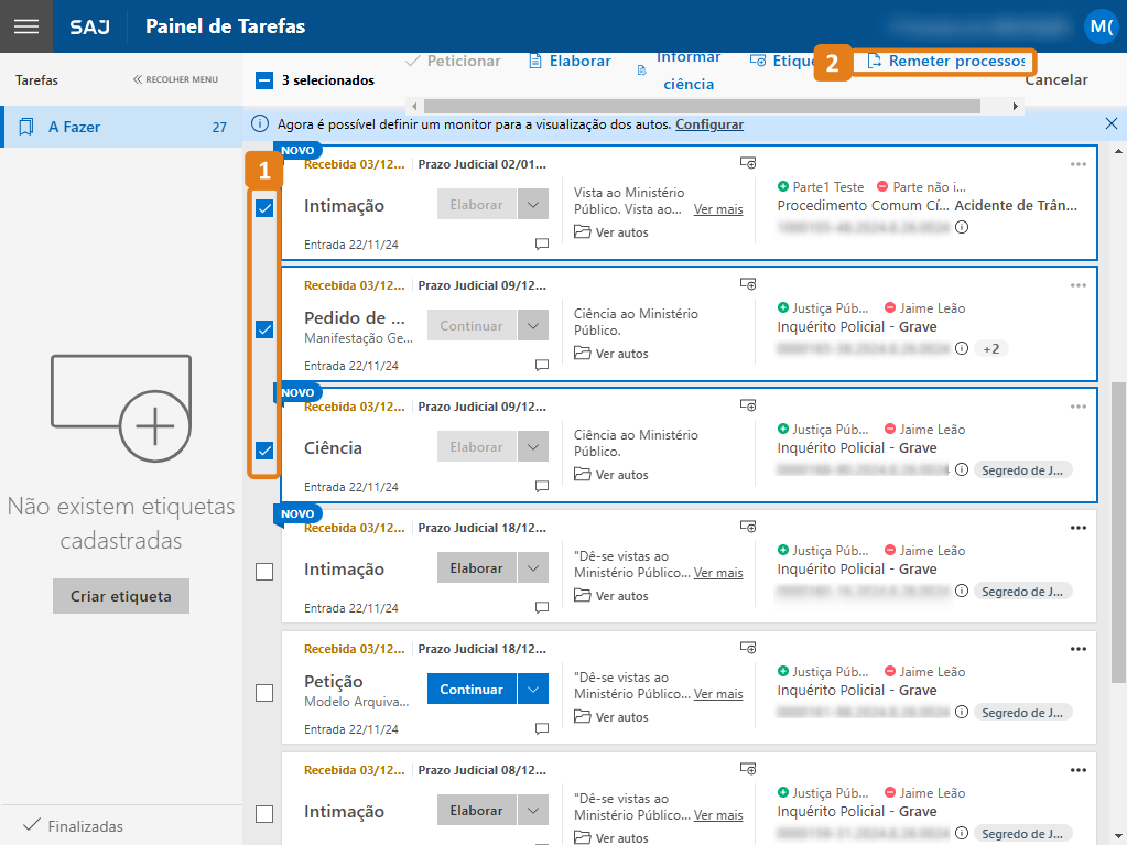 Painel de Tarefas com destaque em várias tarefas selecionadas e botão Rmeter processos