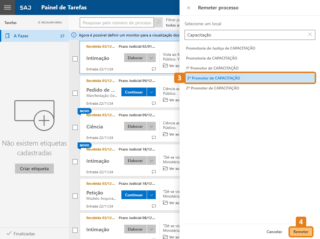 Aba Remeter processo com destaque em um cargo e botão Remeter