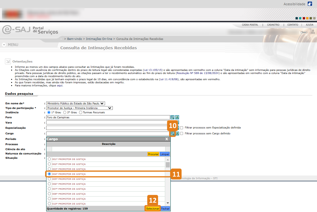 Página Consulta de Intimações Recebidas com destaque na lupa do campo Cargo, no cargo selecionado e botão Selecionar