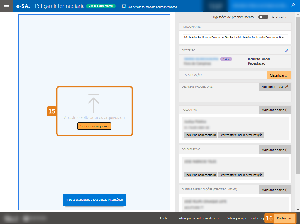 Página de Petição Intermediária com destaques no botão de Selecionar arquivos e botão Protolocar