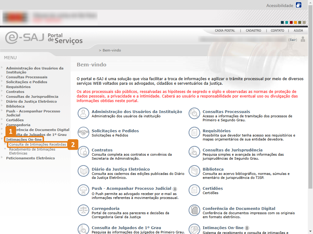 Página inicial do sistema com destaques no menu Intimações On-line, submenu Consulta de intimações recebidas