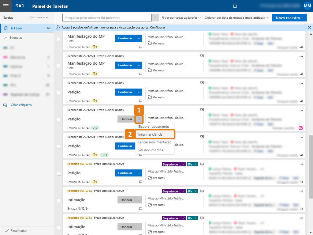 Painel de tarefas com destaque na opção Informar ciência de uma tarefa