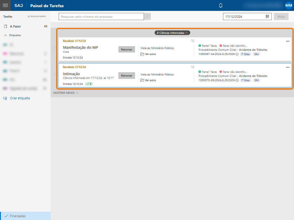 Painel de Tarefas com destaque no agrupamento Ciências Informadas