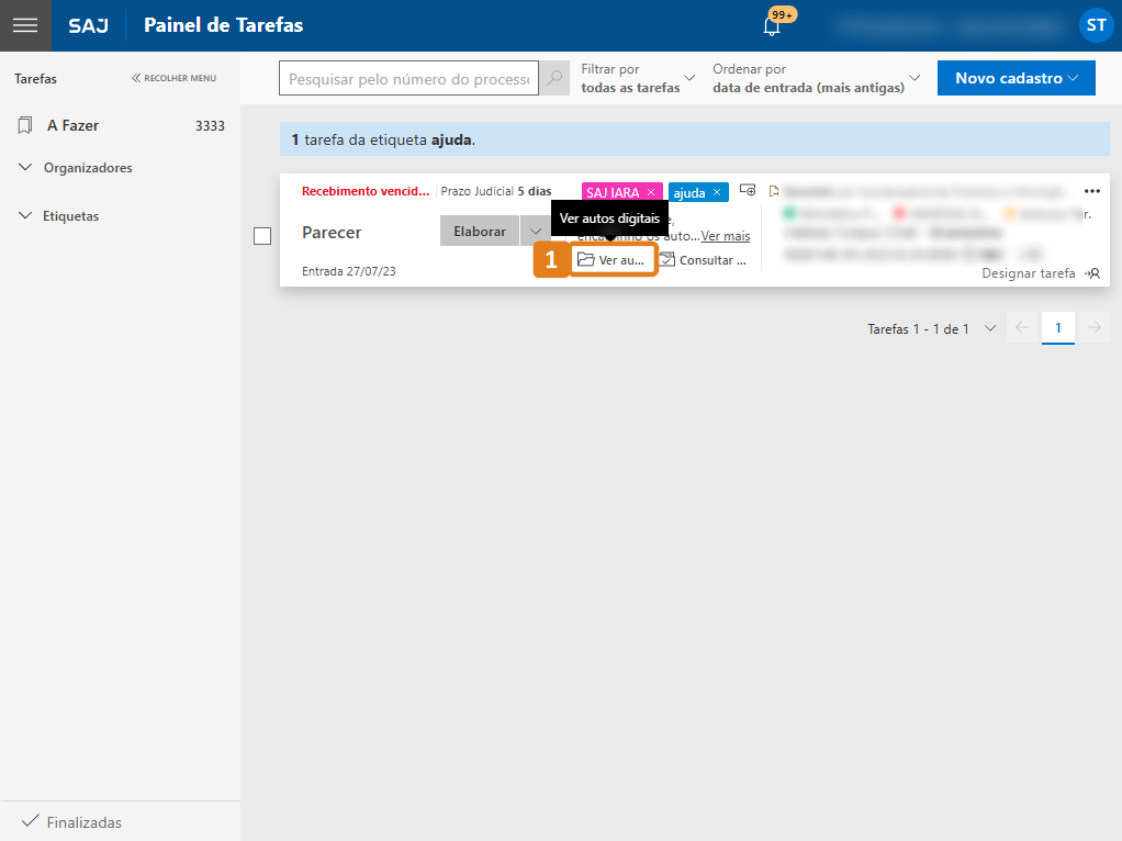 Painel de Tarefas com destaque em Ver autos de uma tarefa