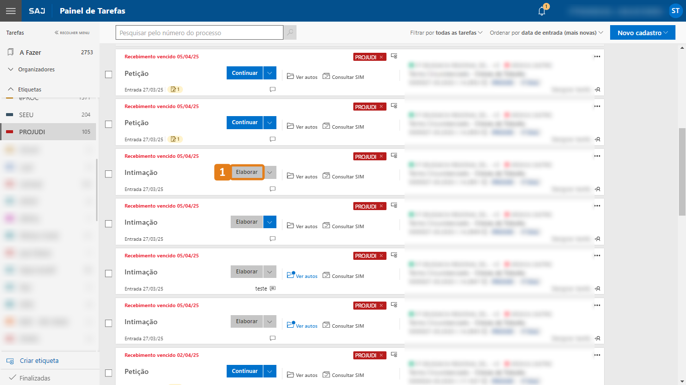 Painel de Tarefas com destaque no botão Elaborar de uma tarefa
