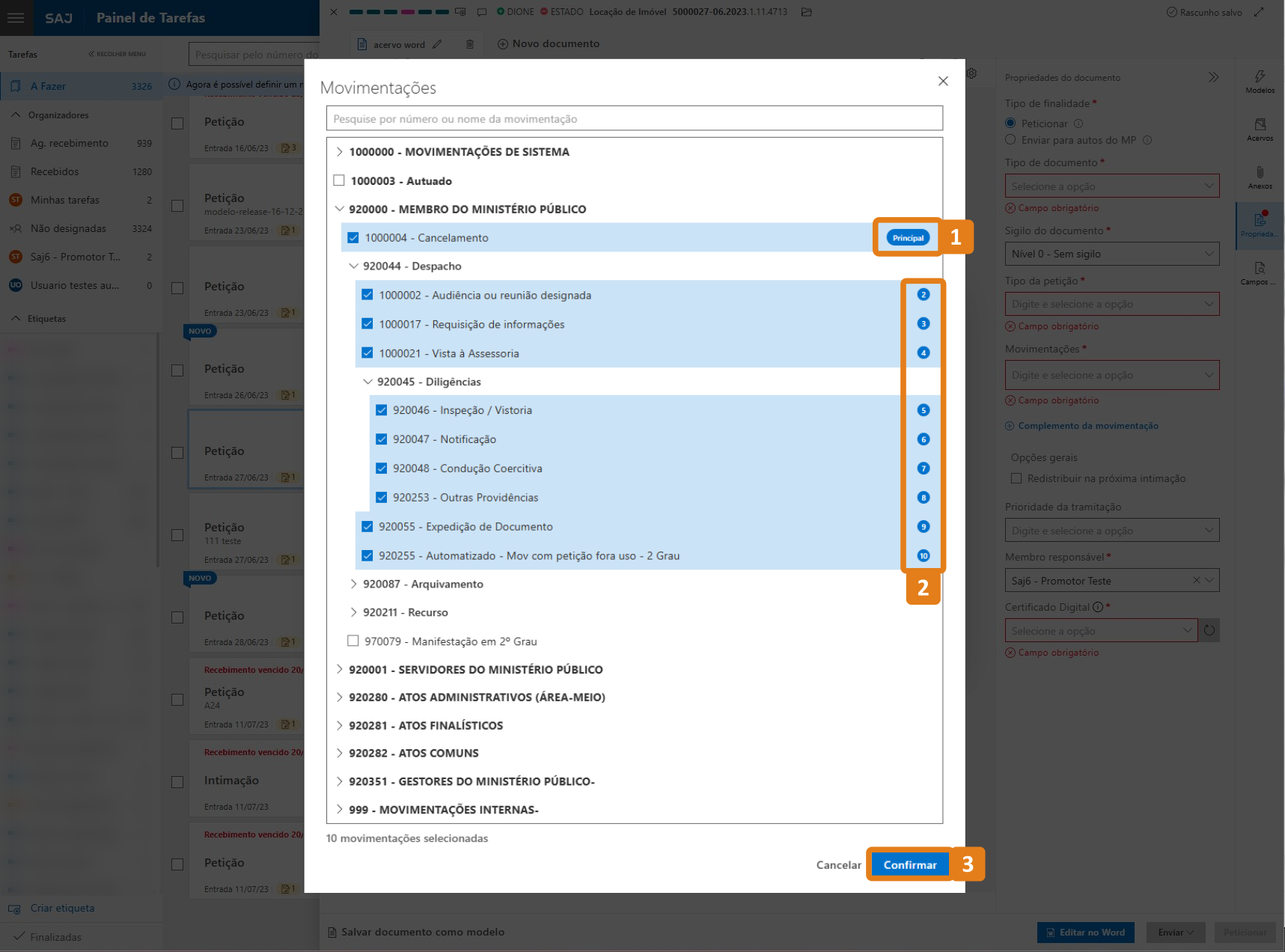 Tela Movimentações com destaques nas identificações das movimentações e botão Confirmar