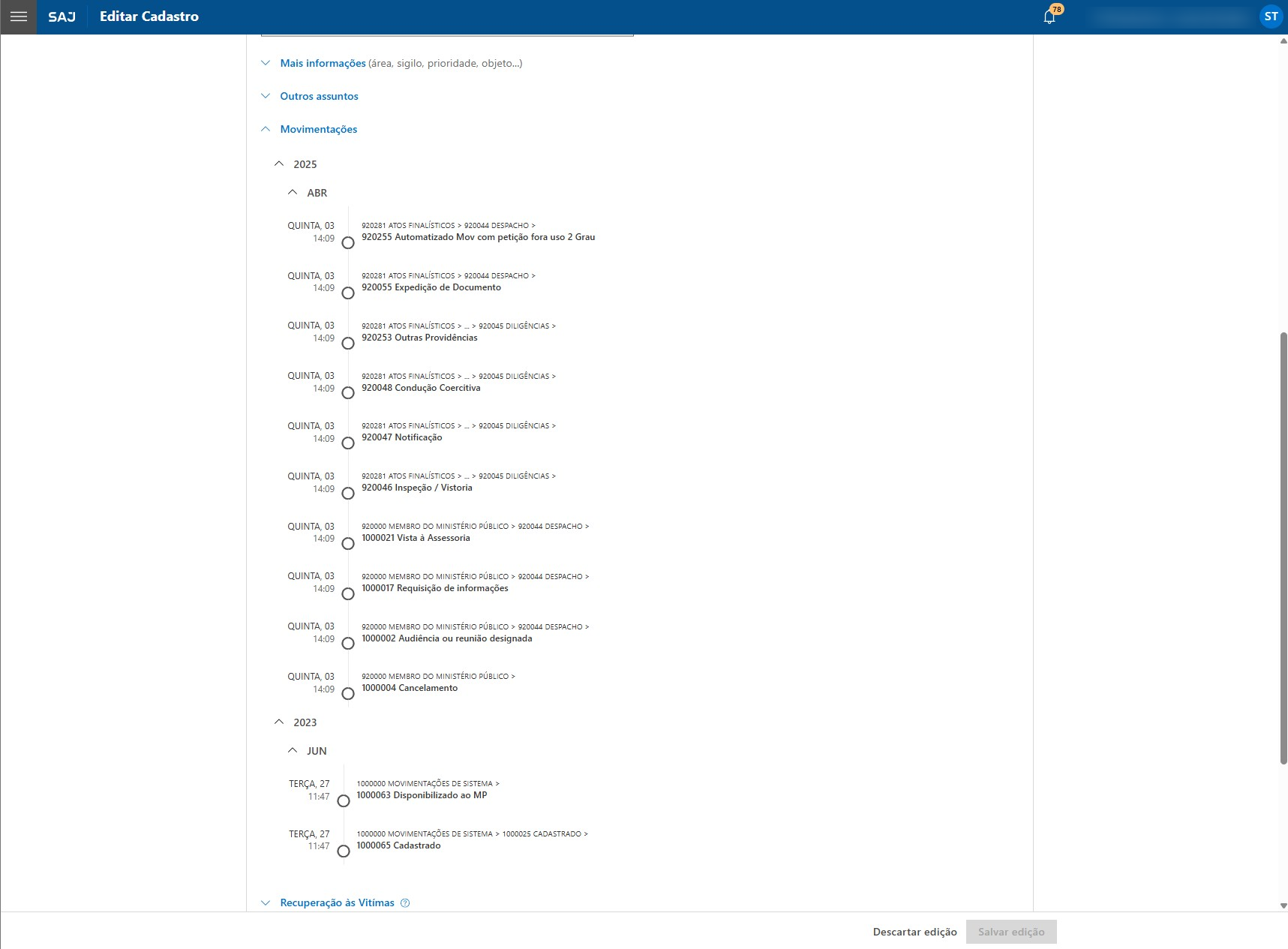 Tela Editar Cadastro com histórico do processo