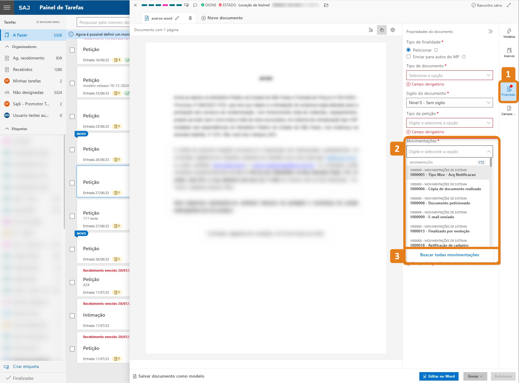 Editor de documentos com destaques na aba Propriedades, campo Movimentações e opção Buscar rodas movimentações