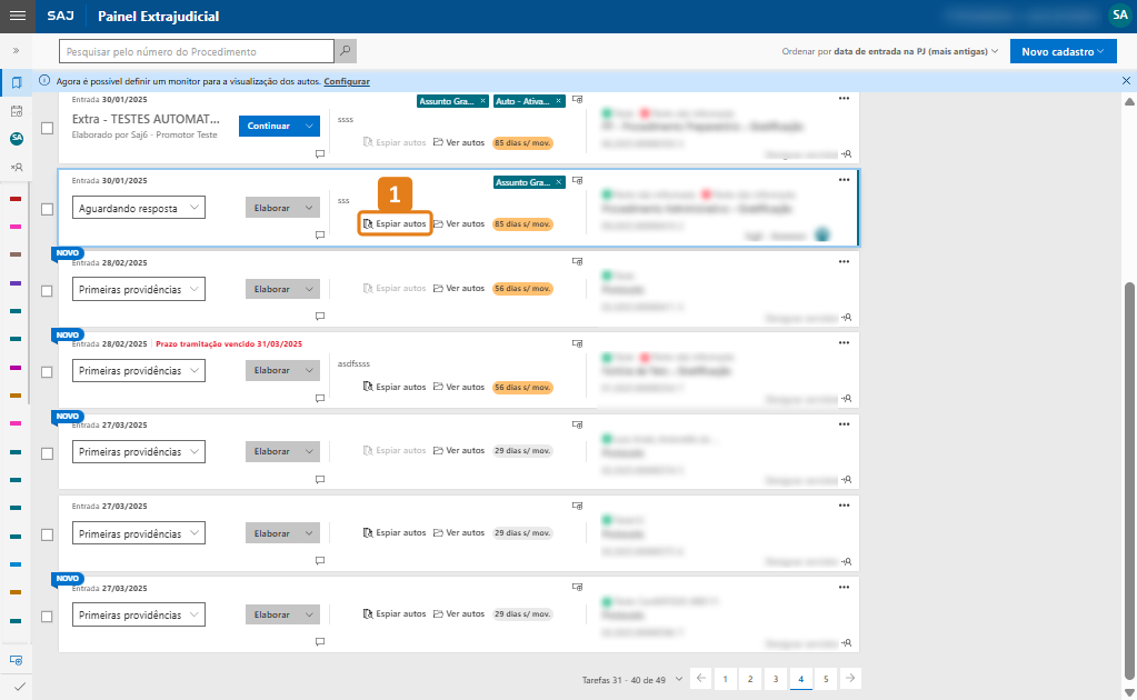 Tela do Painel Extrajudicial do SAJ. Lista de autos com status e botões de ação. Destaque em laranja para botão 'Explorar autos' na primeira linha.