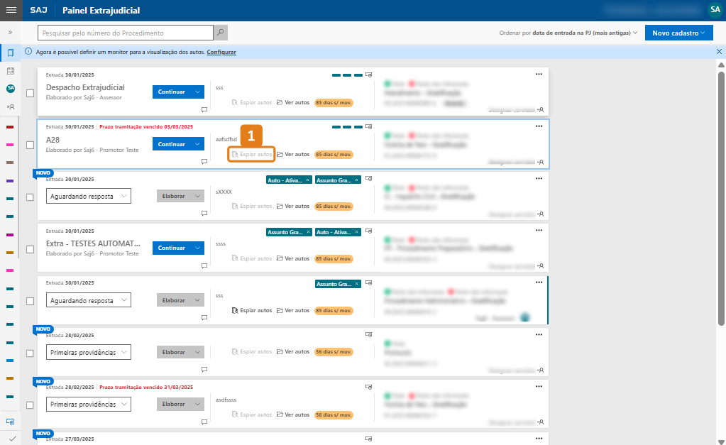 Tela do Painel Extrajudicial do SAJ. Lista de autos com status e botões. Destaque em laranja para o botão 'Explorar autos' na segunda linha, desativado.