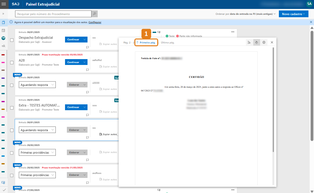 Tela do Painel Extrajudicial do SAJ com lista de autos. À direita, documento aberto mostrando certidão. Destaque em laranja para botão 'Primeira pág.' na parte superior do documento
