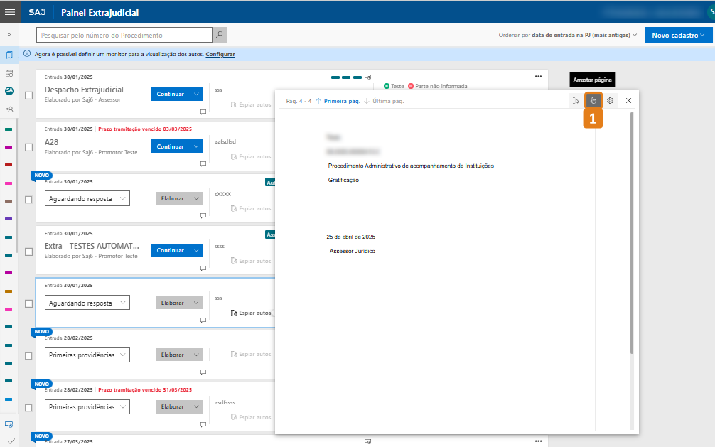 Tela do Painel Extrajudicial do SAJ com lista de autos. À direita, documento aberto mostrando texto. Destaque em laranja para ícone 'Arrastar páginas' no canto superior direito do documento.