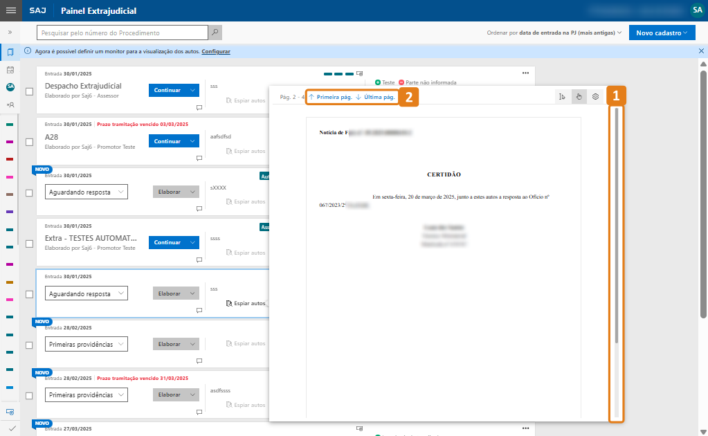 Tela do Painel Extrajudicial do SAJ com lista de autos. À direita, documento aberto mostrando certidão. Destaques em laranja: barra vertical de rolagem e botões 'Primeira pág.' e 'Última pág.' na parte superior do documento