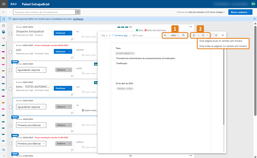 Tela do Painel Extrajudicial do SAJ com lista de autos. À direita, documento aberto mostrando texto. Destaques em laranja: barra superior com ícones de zoom e navegação, incluindo botões para girar página atual ou todas as páginas no sentido anti-horário