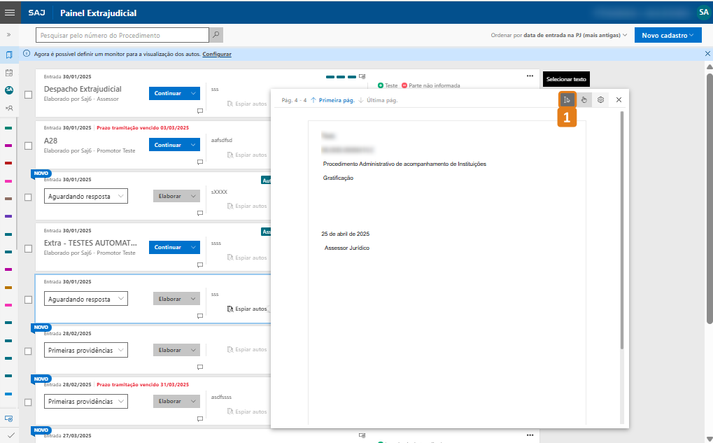 Tela do Painel Extrajudicial do SAJ com lista de autos. À direita, documento aberto mostrando texto. Destaque em laranja para ícone 'Selecionar texto' no canto superior direito do documento