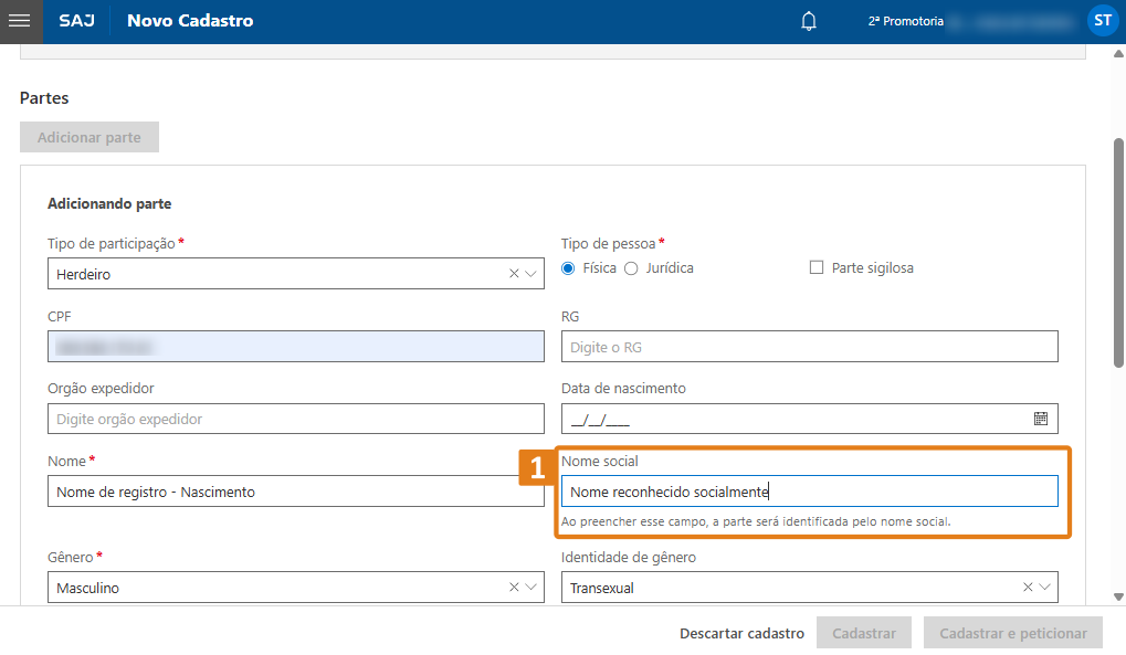 Tela de cadastro de parte no SAJ. Destaque em laranja para campo 'Nome social', com instrução: 'Ao preencher esse campo, a parte será identificada pelo nome social