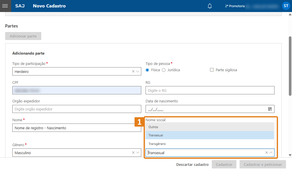 Tela de cadastro de parte no SAJ. Destaque em laranja para lista suspensa do campo 'Identidade de gênero', mostrando opções: Outros, Transexual e Transgênero