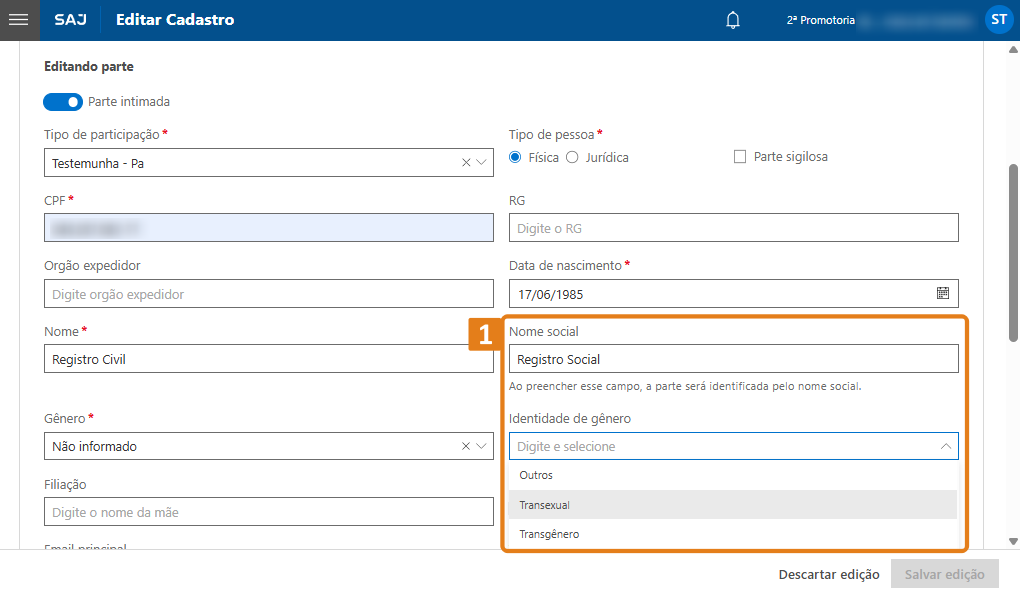 Tela de edição de cadastro no SAJ. Destaque em laranja para campos 'Nome social' e 'Identidade de gênero', com lista suspensa mostrando opções: Outros, Transexual e Transgênero
