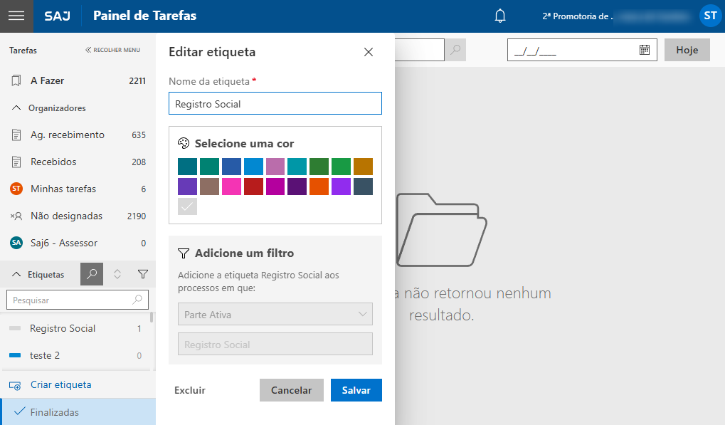 Tela de edição de etiqueta no Painel de Tarefas do SAJ. Campo 'Nome da etiqueta' preenchido com 'Registro Social'