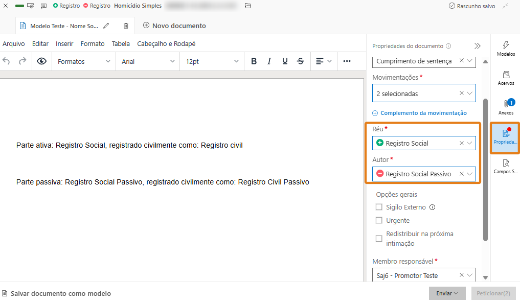 Editor de documento no SAJ com texto sobre partes do processo. Na lateral direita, seção 'Propriedades do documento' com destaque em laranja para os campos: 'Réu: Registro Social' e 'Autor: Registro Social Passivo